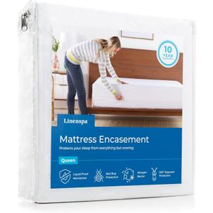 Linenspa Zippered Mattress Encasement - Waterproof & Bed Bug Proof - Premium Noiseless & Absorbent Cover  Full, White