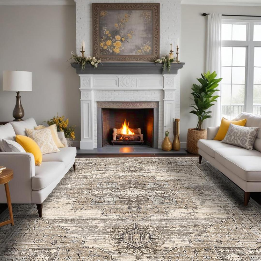 RUUGME Washable 9x12 Area Rugs - Large Rugs for Living Room Stain Resistant Carpet Vintage Rugs for Bedroom with Non Slip Backing Home Decor Floor Decoration Mat (9x12 Beige) (9ft x 12ft)