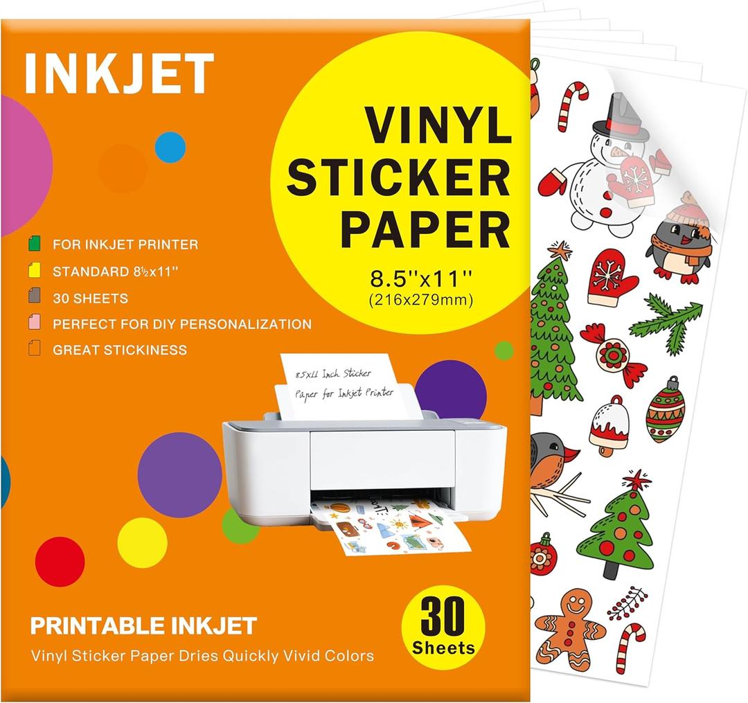30 Sheets Premium Printable Vinyl Sticker Paper Clear - 8.5x11" for Inkjet Printers, Waterproof Tear Resistant, Dries Quickly, Vivid Colors, Easy to Cut for Cutting Machines, DIY Self-Adhesive Labels