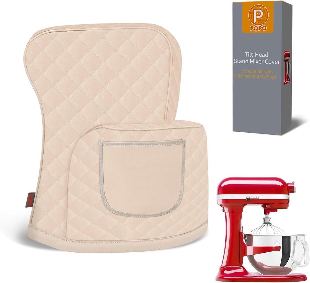 Stand Mixer Cover Compatible with KitchenAid 6/7/8 Quart Bowl-Lift Mixer, Quilted Waterproof Appliance Dust Protector with Storage Pocket (Khaki)