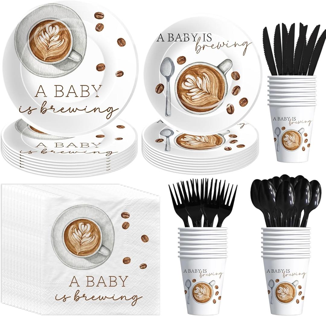 APOWBLS Coffee Baby Shower Decorations Tableware, Coffee Bean Theme A Baby Is Brewing Party Supplies for Birthday, Paper Plates, Cups, Napkins, Disposable Cutlery, Serves 24