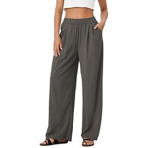 ODODOS Women's Wide Leg Pants with Pockets Crinkle Comfy High Waist Pull-On Lounge Casual Pants L