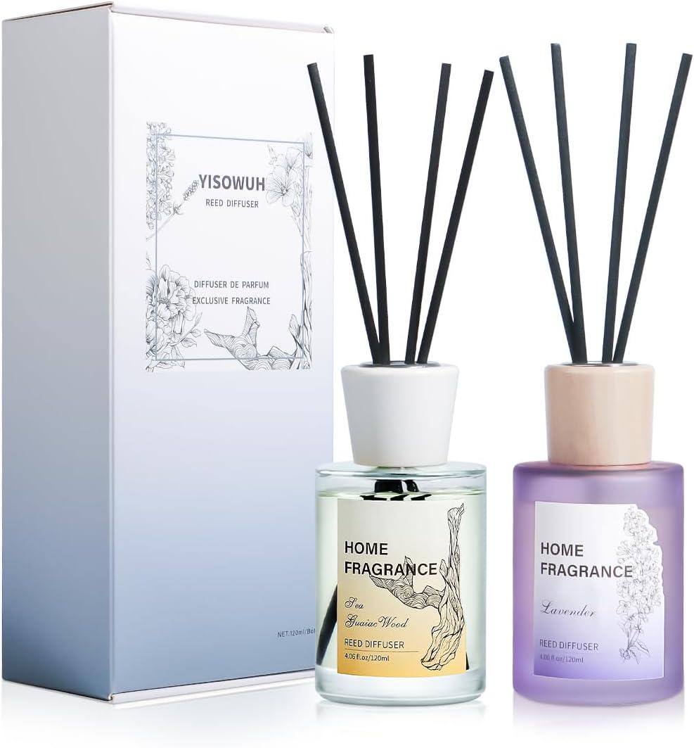 2 x Reed Diffuser - Sea Guaiac Wood&Lavender 4.06oz (120ml) 2 Packs Essential Oil Reed Diffuser Set with 16 Sticks, Long Lasting Fragrance for Home, Bathroom, Bedroom, Room, Decor