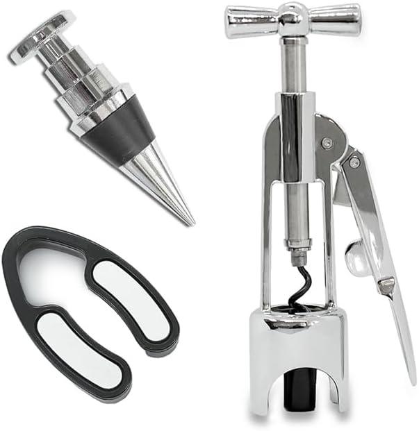 Wine Opener Set - Chrome Plated Zinc Alloy Wing Corkscrew Wine Opener, Bottle Stopper, and Foil Cutter. Wine Bottle Opener and Accessories Kit. Gift Idea
