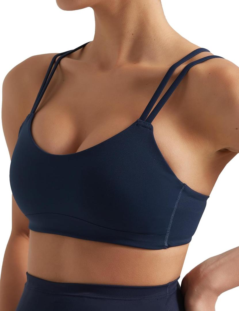 Yoga Sports Workout Bras for Women Seamless Molded Cup Spaghetti Double Strap Bra Wirefree Scoop Neck Tank Top Bras (Blue, L)