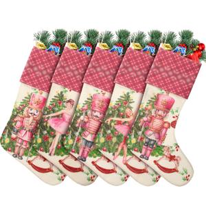 5 Pcs Nutcracker Christmas Stocking 18 Inch Pink Christmas Stocking Large Vintage Linen Plaid Xmas Stocking Nutcracker Hanging Stocking for Holiday Fireplace Tree Party Gift Decoration