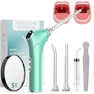 Electronic Vacuum Tonsil Stone Remover - Tonsil Stone Removal Kit with Built-in LED Light & 3 Suction Mode - Fight Bad Breath Oral Irrigator & 5X Magnifying Mirror for Tonsil Stone Removal (Green-01)