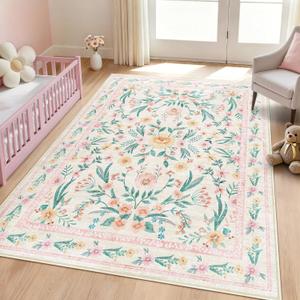 Pink Floral Area Rug 4x6, Washable Non-Slip Soft Carpet for Girls Bedroom, Nursery, or Dorm, French Boho Carpet for Kids Room, Dining Room Home Décor