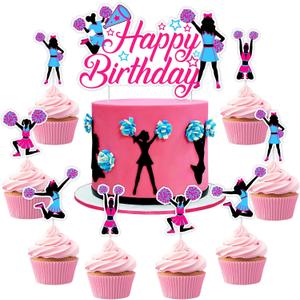 JOYMEMO 25Pcs Cheerleading Birthday Cake Decorations, Pink Blue Happy Birthday Cake Topper Cheerleader Cupcake Toppers for Girl, Double Sided Gymnastic Dance Themed Party Supplies
