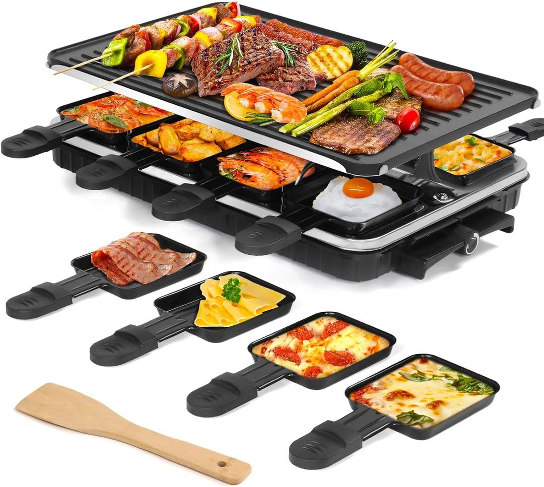 Raclette Table Grill, Indoor Grill Korean BBQ Grill Electric Griddle, 2 in 1 Electric Griddle Nonstick with 8 Raclette Cheese Pans Adjustable Temperature Control 1300W Ideal for Family Party Fun (black)