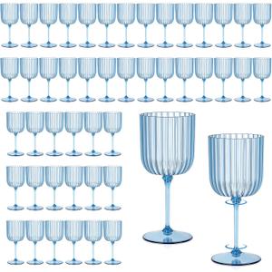 48 PCS Plastic Ribbed Wine Glasses 11oz Blue Detachable Wine Goblet Unbreakable Vintage Ripple Water Goblets Cocktail Drinking Cups for Parties Weddings Poolside Outdoors