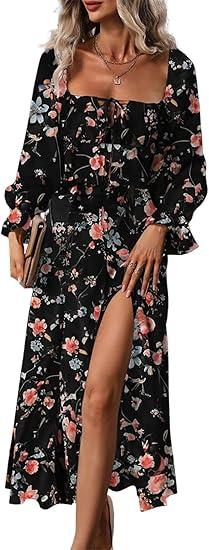 BLENCOT Womens Casual Square Neck Long Sleeve Boho Floral Midi Dress Print Side Split Dresses L/XL