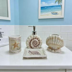 Ceramic Bathroom Accessory Set - 4 Piece Seashell & Starfish Decor, Includes Soap Dispenser, Toothbrush Holder, Soap Dish & Tumbler, Beach Themed Bath Decor (Yellow)