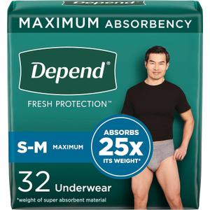 Depend Fresh Protection Adult Incontinence Underwear for Men, Disposable, Maximum, Small/Medium, Grey, 32 Count, Packaging May Vary