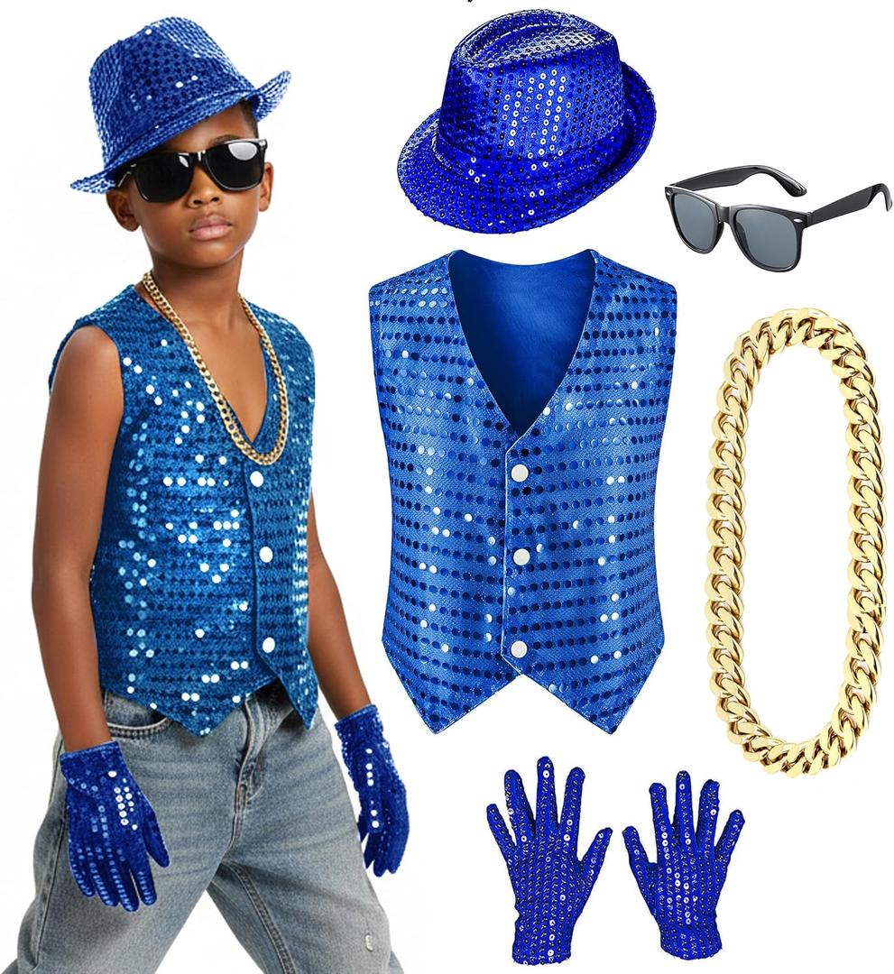 Kids Dance Hip Hop Jazz Costume Boys Sequin Vest Hat Glasses Set for Dance Party 3-12 Years (7-8 Years, Blue)