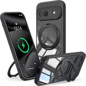 360 Spin Magnetic Stand Case for Google Pixel 10A Fit for MagSafe & Pixelsnap Cover with Ring Holder No-Yellow Crystal Clear Camera Protection Phone Google Pixel 10A Case - Black