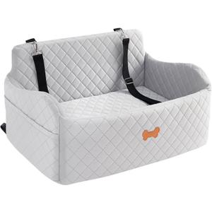 Car Seat for Large Size Dog, Booster Seat for Dogs Under 55 lbs or 2 Small Dogs, Soft Car Dog Bed Filling in Thick Memory Foam with 2 Safety Leashes and Storage Pocket (Grey)