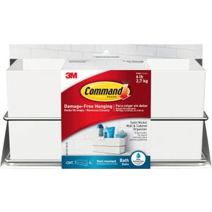 Command Wall and Cabinet Organizer, Holds up to 6 lb, 9.5" x 4.4" x 4.4", Satin Nickel, 1 Bathroom Organizer with 4 Water Resistant Strips Damage Free Storage for Toothbrush, Lotion, Facial Cleanser