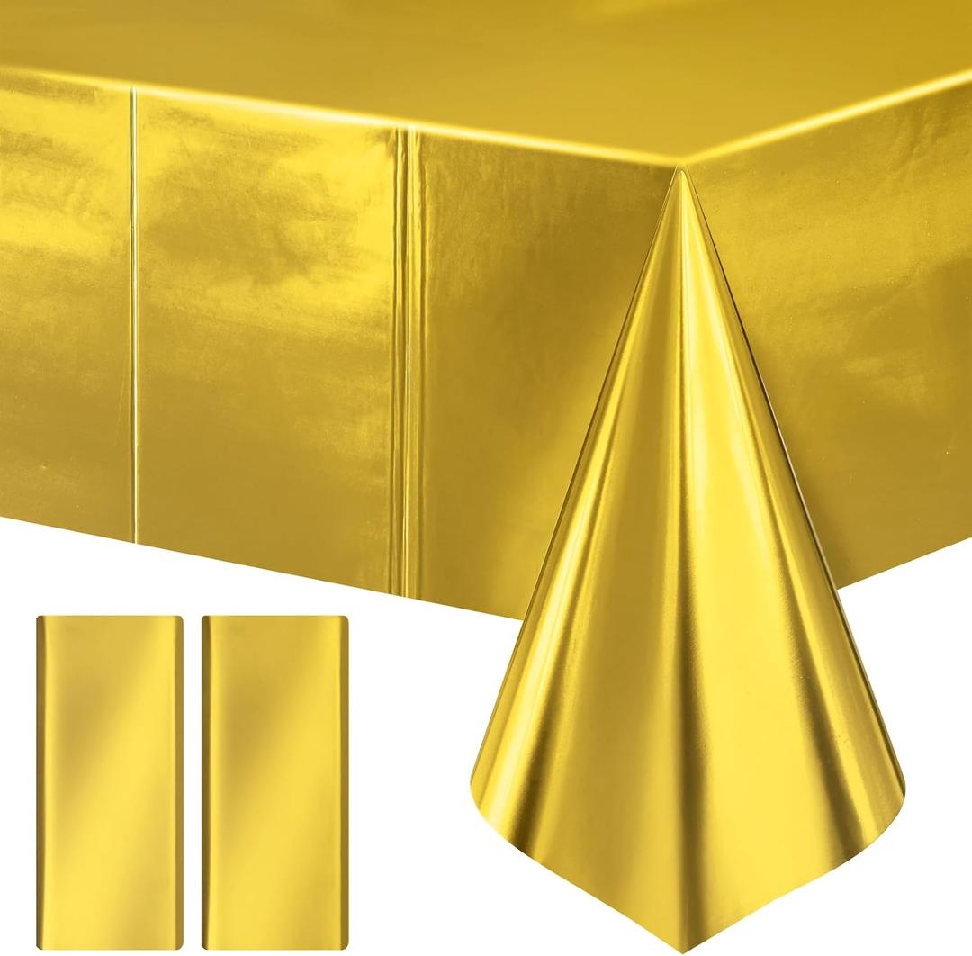 Just Shimmer 2 Pieces Bright Gold Metallic Foil Tablecloth - Stunning Matte Finish, Durable and Easy to Clean - Perfect for Bachelorette, Birthday, Wedding, and Anniversary Party Decorations, Bright Gold