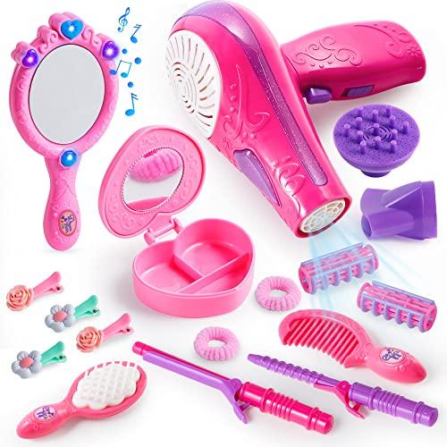 JOYIN 12Pcs Girls Beauty Salon Set, Pretend Play Doll Hair Stylist Toy Kit with Hairdryer, Mirror, Curling Iron and Other Accessories for Kids Toddler Fashion Cutting Makeup Party Favor, Birthday Gift