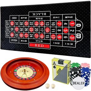 11 inch Solid Roulette Wheel Set for Adults, with 47.2 x 22.8 Inch Double Sided Table Layout Felt Mat, 100 ABS Chips, and Dealer Button Playing Cards Casino Roulette Game Sets