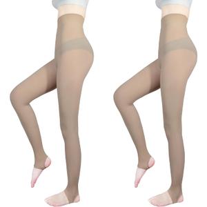 2-Pack Slightly Transparent Tights for girls & women, High Elasticity Sheen Pantyhose, For Work Dance Casual. (X-Large Petite, Tan-stirrup)