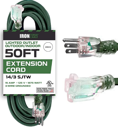 Iron Forge Cable 2 Pack Weatherproof 50 Ft Outdoor Extension Cord - 16/3 SJTW Heavy Duty Green Extension Cord 3 Prong - 13 Amp Exterior Power Cable