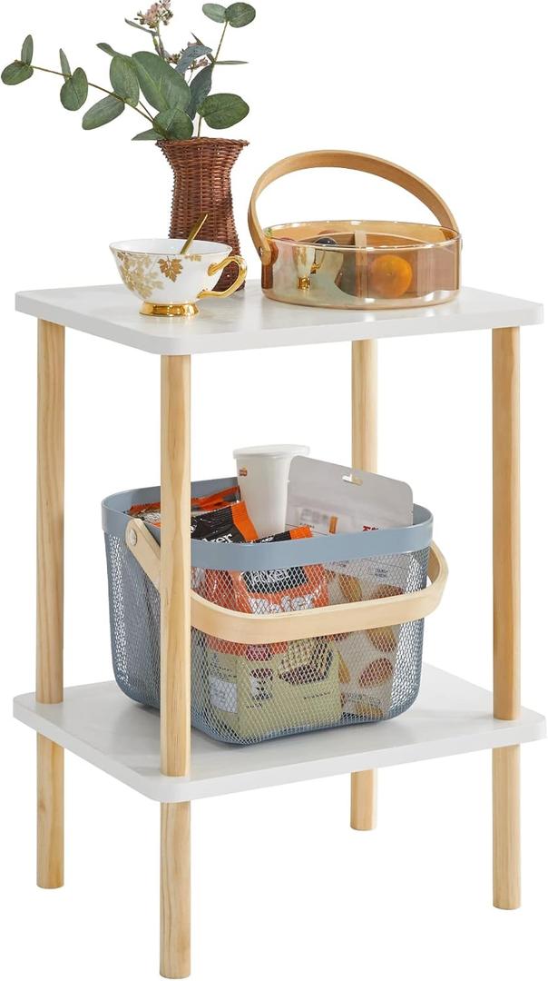 IBUYKE 2-Tier Side Table, Solid Wood Tall End Table with Storage Shelves, Nightstand Bedside Table for Living Room Bedroom Office, No-Tool Assembly, White UWST002W