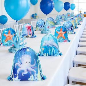 Clabby 12 Pcs Under the Sea Party Favors Bags Drawstring Ocean Theme Backpack Under the Sea Party Favors Supplies Fish Goodie Gift Bags Birthday Decorations (10 x 12 Inch)