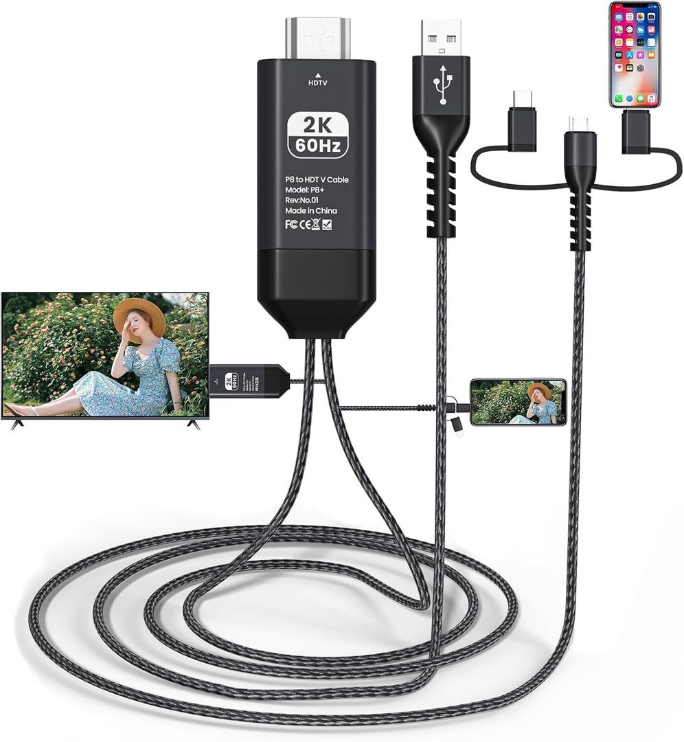 Nsowwe Lighting to HDMI Cable Adapter for TV Phone,Phone to TV Adapter 3 in 1 Sync Screen MHL 2k 60Hz 1080P HDMI Cable for OS/Android Phone Type C Multi-Function, Plug & Play