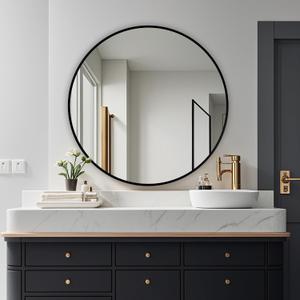 Round Mirror, Wall Mounted Circle Mirror with Brushed Metal Frame, Circular Mirrors for for Bathroom, Living Room, Vanity, Bedroom, Entryway, 36inch, Black