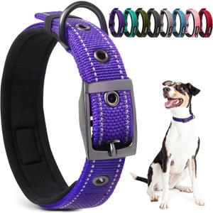 PetiFine Heavy Duty Dog Collar with Durable Metal Buckle,Neoprene Padded Comfort Dog Collar, Reflective Adjustable Belt Buckle Dog Collars for Small Medium Large Dogs(19''-23'', Purple)