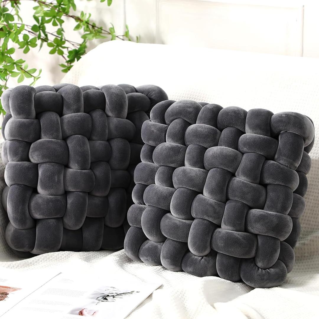 Wenqik 2 Pcs Knot Pillows Square Knotted Plush Throws Soft Accent Pillows Decoration Cushion for Couch Home Office Living Room Bedroom Bed Sofa Decor, 12'' x 13''(Dark Gray,Crystal Velvet)