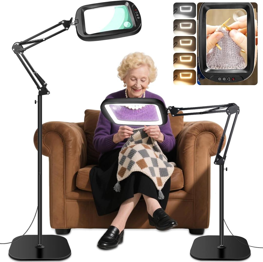 30X 10X Extra Large Floor Magnifying Glass with Light and Stand,7-inch Adjustable Height Floor Magnifying Lamp,2 in 1 Lighted Magnifiers for Close Work, Sewing, Crafts, Hobbies, Reading, Black