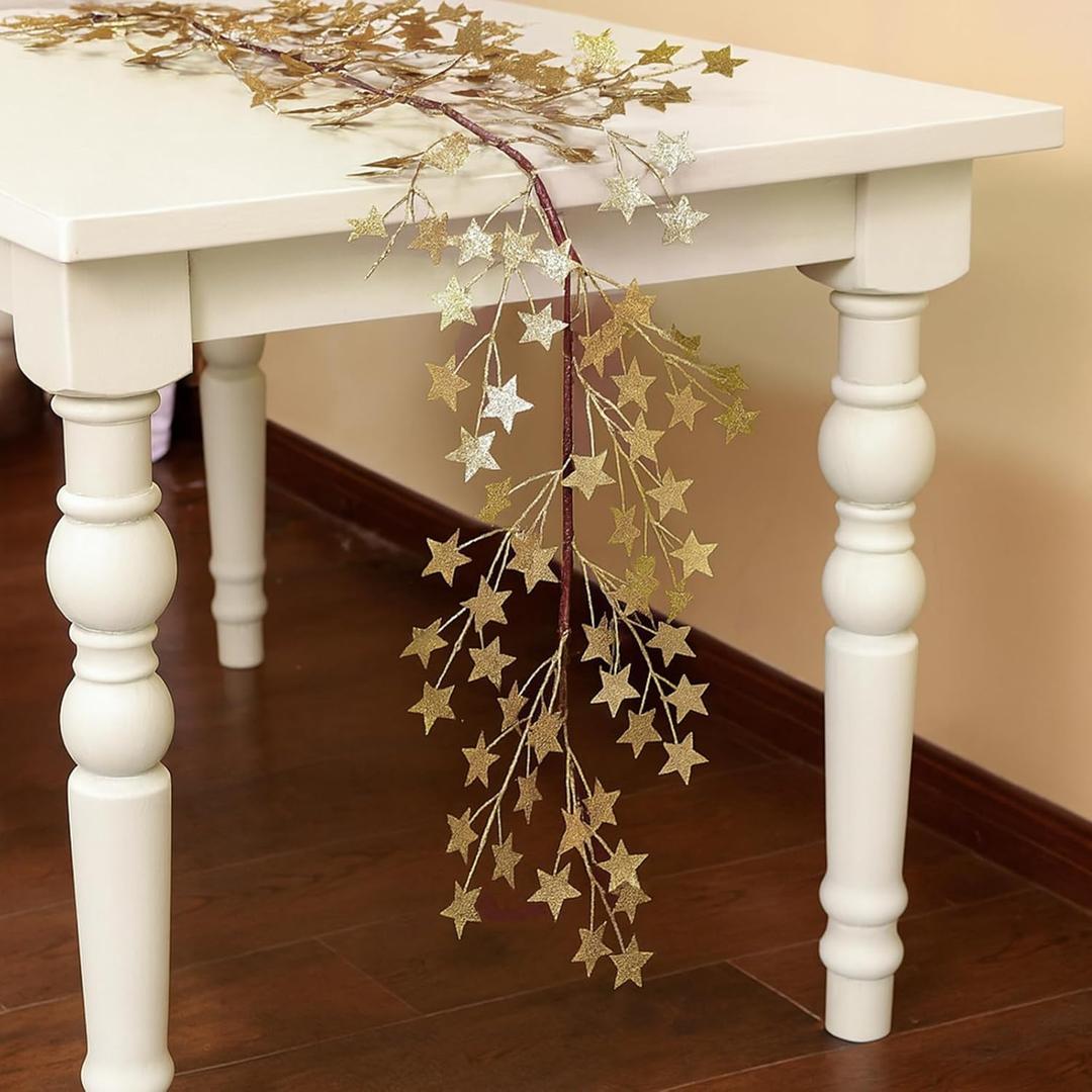 Chuangdi 5 ft Christmas Star Garland with Gold Glitter Star Hanging Vine Garland Christmas Decorations Bright Backdrop for Home Porch Door Table Mantle Outdoor Xmas Decor