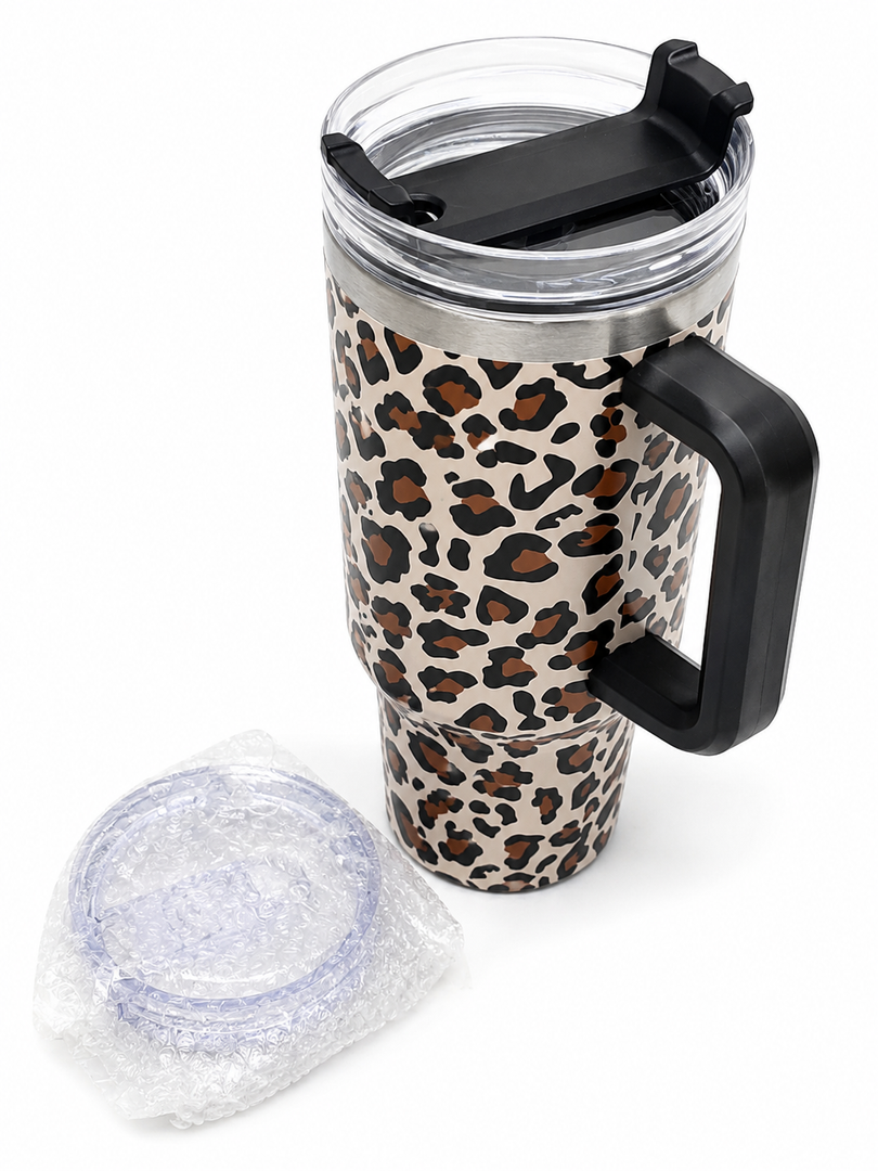 FECBK 40 oz Tumbler with Handle and Straw, 100% LeakProof Travel Mug, Stainless Steel Double Wall Vacuum Insulated Coffee Cup Keeps Cold For 34 Hours, Cheetah