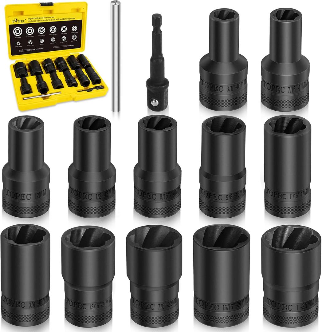 Topec 14PCS Lug Nut Removal Tool, 1/2" Drive Lug Nut Extractor Set, 10-25mm Stripped Lug Nut Remover Socket, Wheel Lock Removal Kit for Damaged, Rusted, Rounded Bolts, Tire Lug Nuts