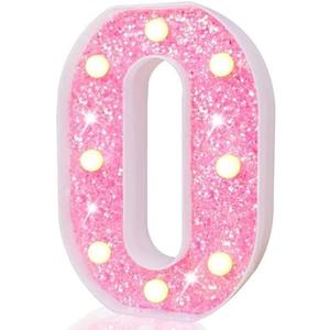 Pooqla Marquee Numbers Lights, Light Up Pink Numbers, Glitter Number Night Light Battery Powered Birthday Gift for Boys Girls Christmas Wedding Home Bar Party Decoration, Pink 0