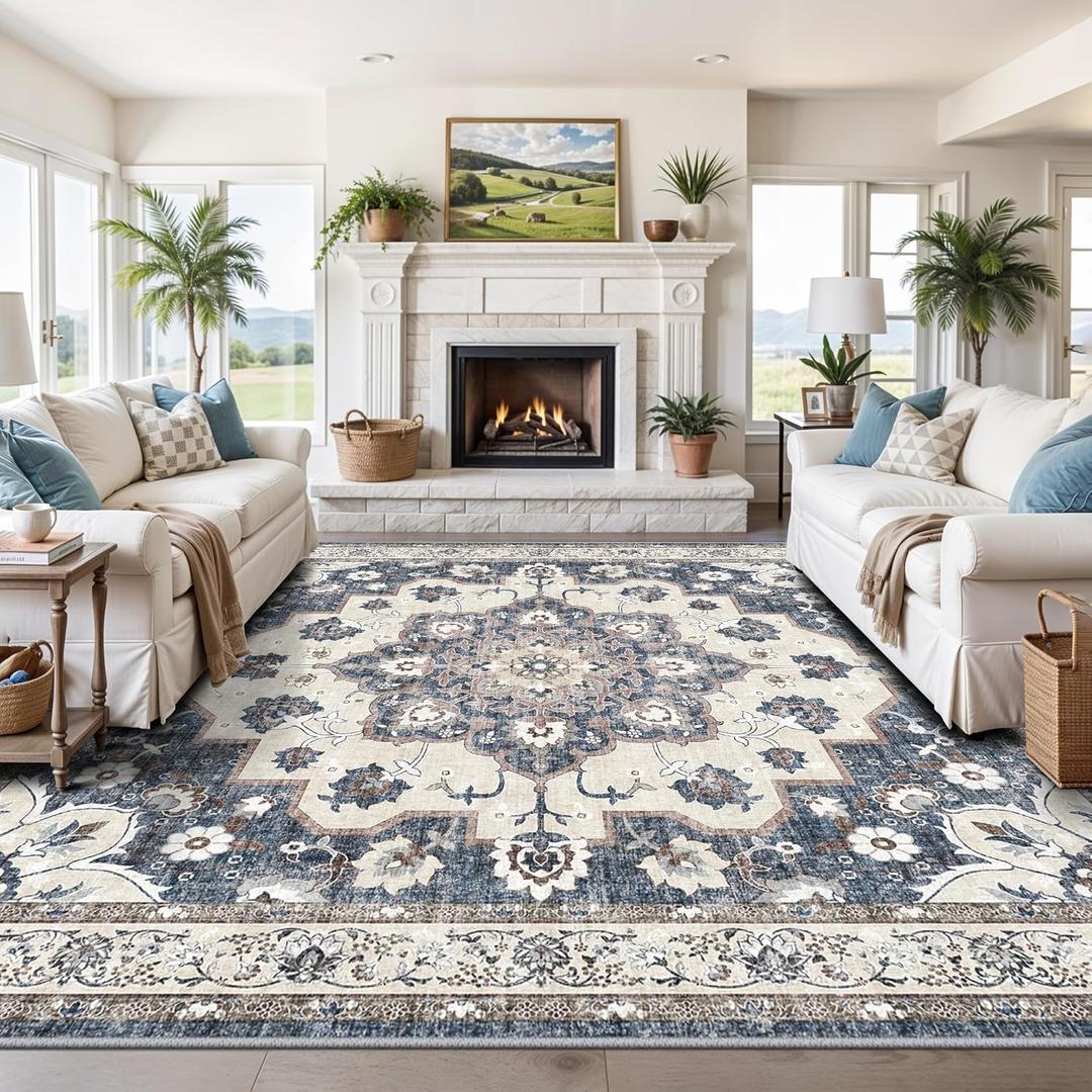 10x10 Square Area Rug Living Room: Washable Non Slip Stain Resistant Mat for Dining Room Bedroom Office High Traffic Area Soft Low Pile Indoor Carpet Vintage Distressed Farmhouse Floor Mat(10x10,Blue)