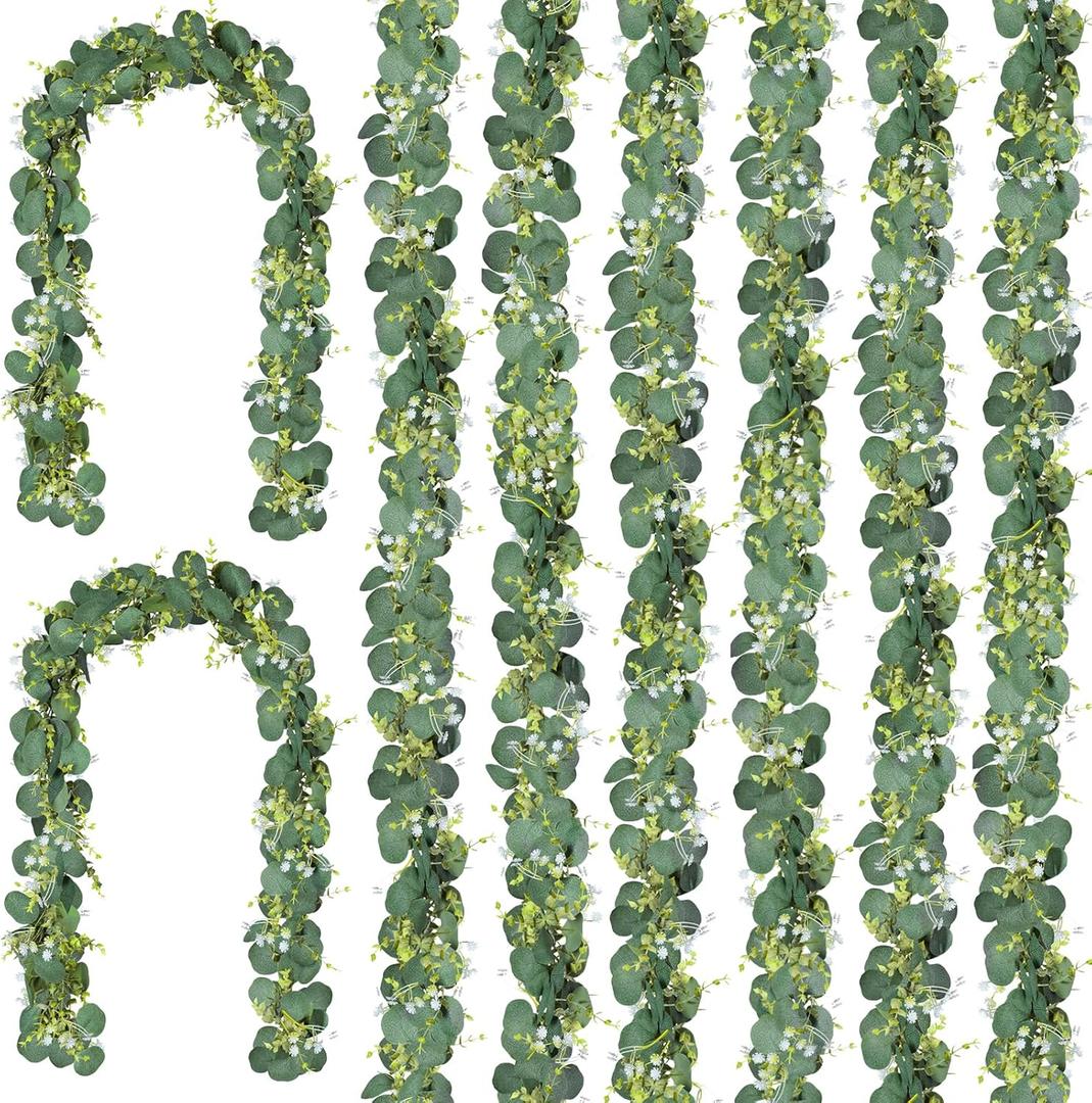 CQURE 8Pcs Eucalyptus Garland,Artificial Eucalyptus Leaves Table Greenery Garland Wreath Vines for Wedding Party Table Bedroom Wall Decor (47.2 Ft with Flowers)