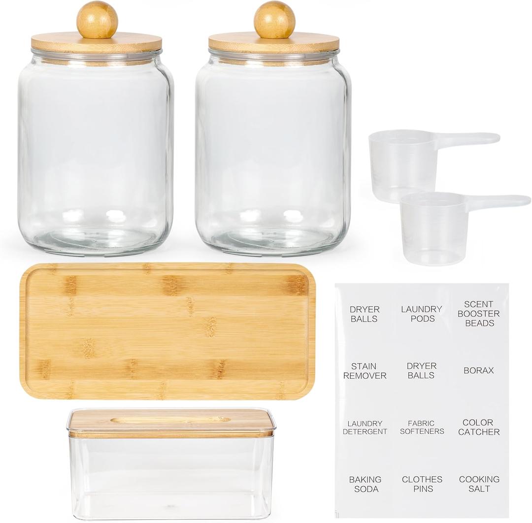 Glass Laundry Jars with Airtight Lids - Kitchen & Laundry Room Organization Containers with Dryer Sheet Holder,Bamboo Tray - Laundry Detergent Powder Half Gallon Storage Canisters with Labels