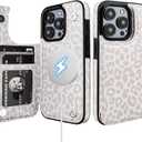 HAOPINSH for iPhone 15 Pro Case Wallet Compatible with MagSafe Wireless Charging, White Leopard Pattern Back Flip Folio Leather Kickstand Card Slots Case Double Magnetic Clasp Cover 6.7"