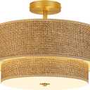 16 Inch Woven Rattan Linen Semi Flush Mount Ceiling Light Fixture, Modern Boho Drum Lamp for Bedroom, Kitchen, Dining Room, Living Room, Hallway, Entryway, Farmhouse Gold Wicker Chandelier