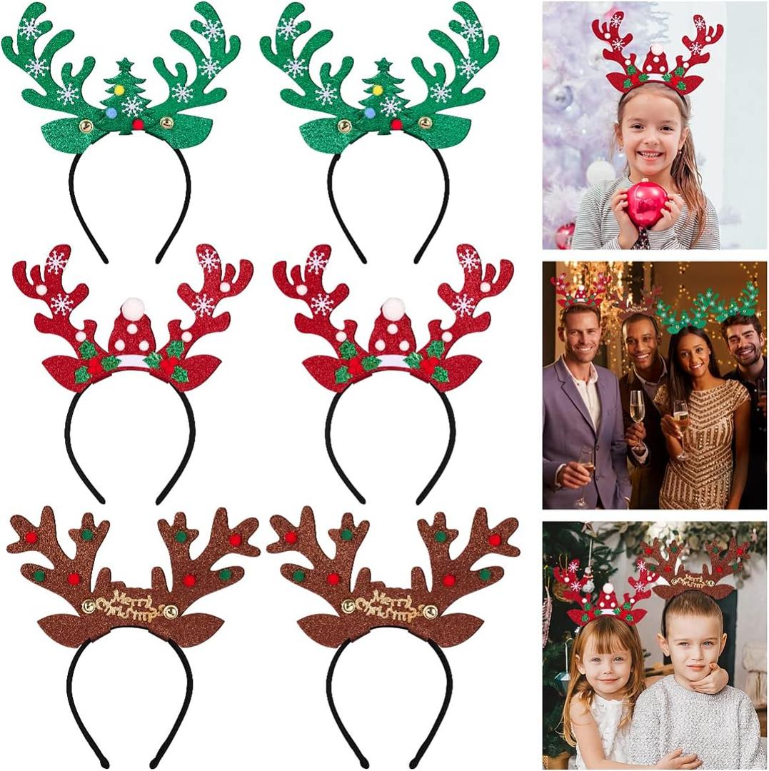 FRCOLOR 6 Pieces Christmas Reindeer Antlers Headbands Reindeer Antler Hair Hoop Headpiece for Christmas Party Holiday Favors