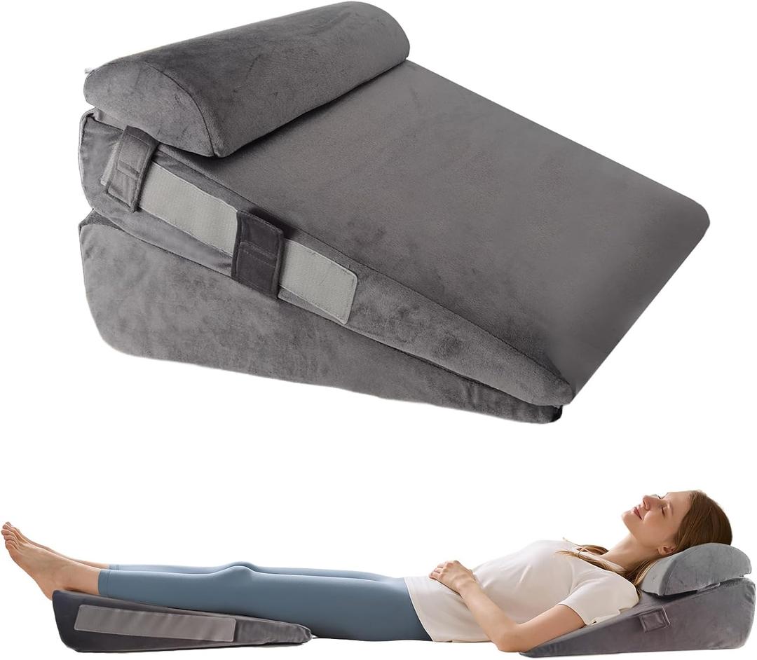 3Pcs Wedge Pillow Set for After Surgery,Acid Reflux Relief, Adjustable Bed Wedge Pillows for Sleeping,Anti Snore, Memory Foam Triangle Pillow for Back&Neck&Shoulder Pain Relief, Plush Grey
