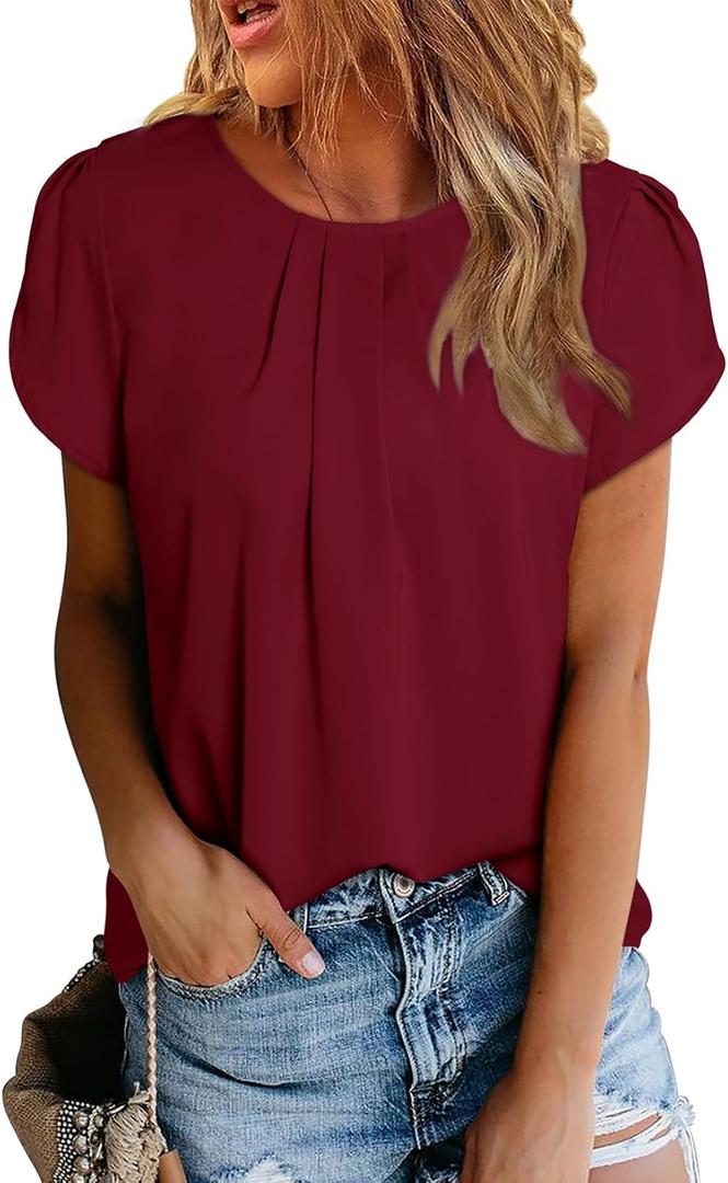 Dokotoo Women's Casual Round Neck Basic Pleated Tops Short Sleeve Loose Fit Curved Back Chiffon Blouses T-shirts (X-Large, Burgundy)