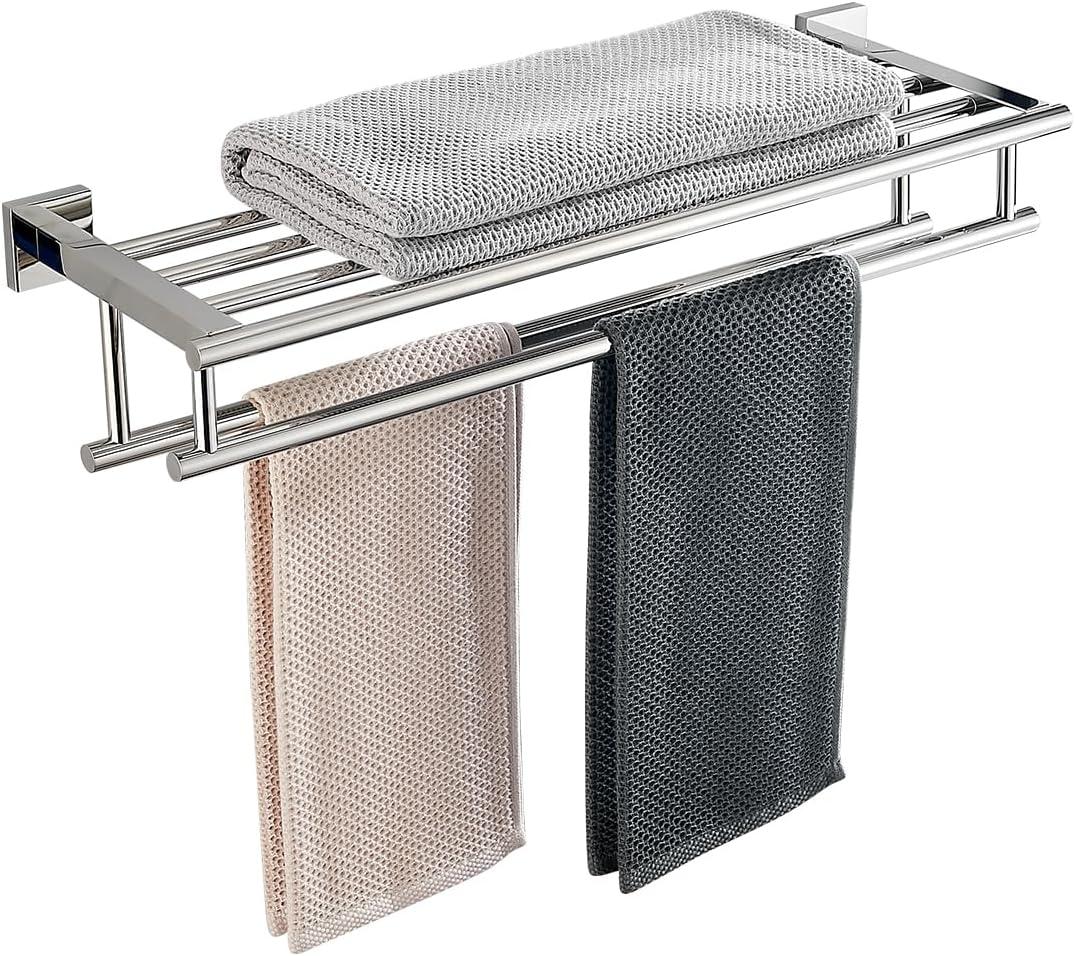 Bathroom Towel Rack 24 Inch Tower Holder with Double Towel Bar Polished Chrome Towel Rack Wall Mounted SUS304 Stainless Steel Hotel Towel Shelf Modern Towel Hanger