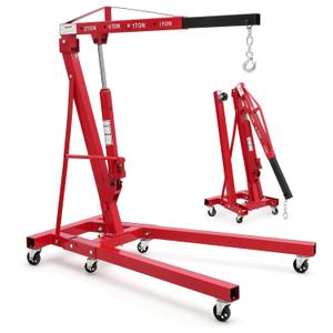2-Ton Folding Engine Hoist Cherry Picker 4400 Lb Capacity Hydraulic Shop Crane with Telescoping Boom 6 Caster Wheels for Automotive Repair Garage Use Includes Hitch and Storage Stand Red