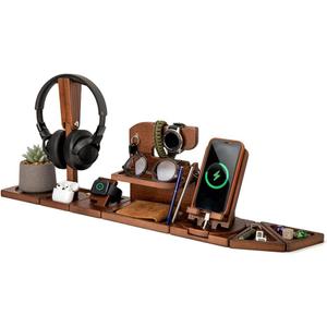 TESLYAR Gifts for Men Multifunctional Modular Wooden Desk Organizer Wood Phone Docking Station Xmas Gifts for Dad Husband Anniversary Nightstand Key Holder Wallet Stand Compatible with iWatch AirPods