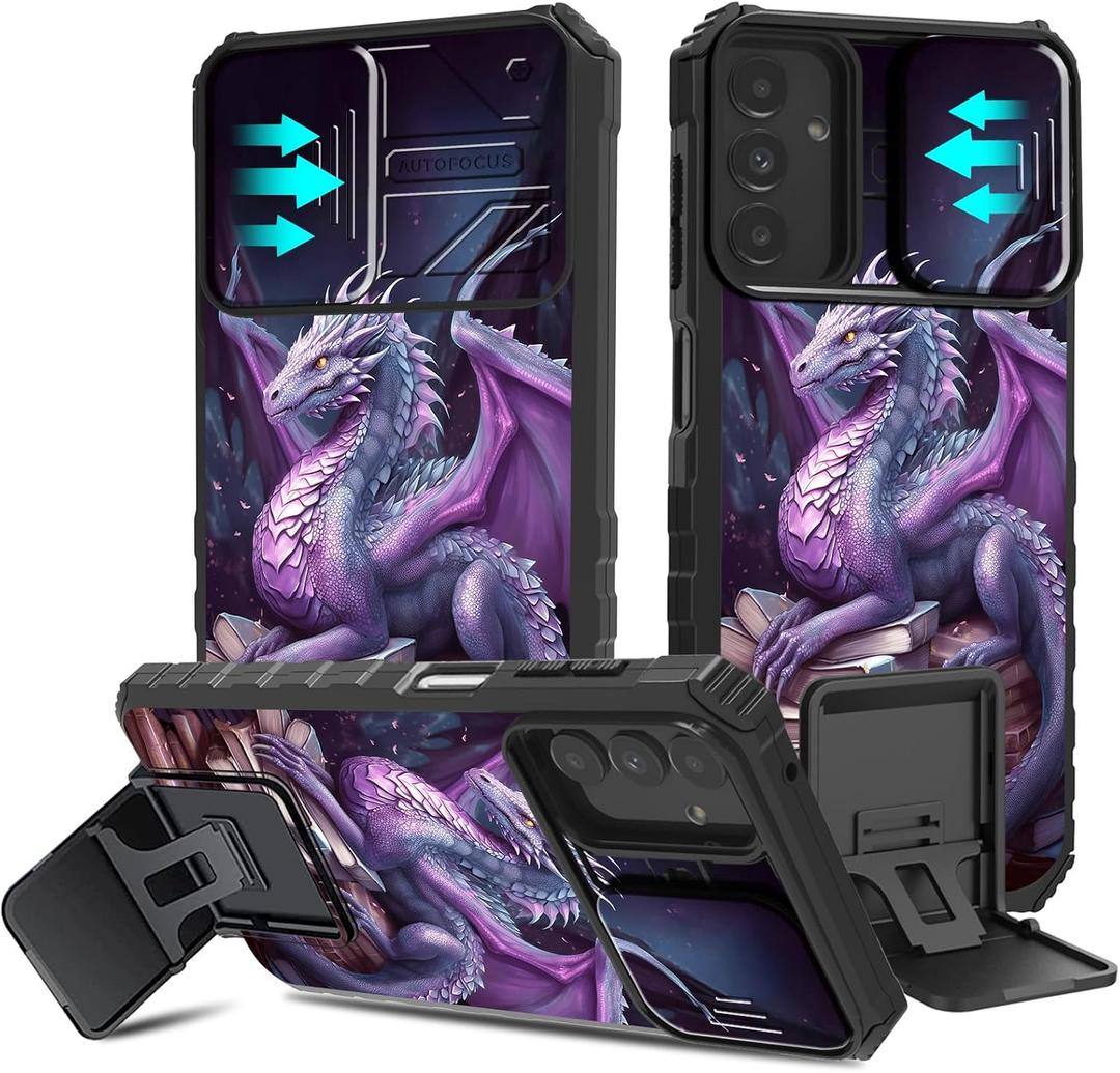 Phone Case for Samsung Galaxy A16 5G 6.7", with Slide Camera Cover Galaxy A16 5G Case, Slim Shockproof Matte Hard Protective Phone Cover with Kickstand Case for Galaxy A16, Purple Dragon Books